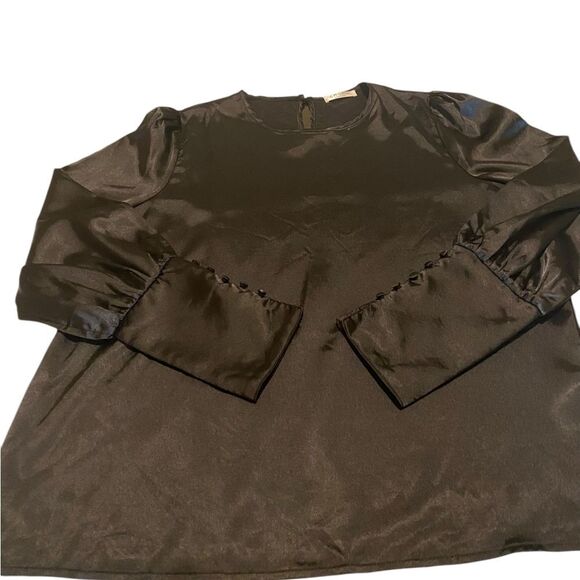 CHIGANT SZ Large Black Satin Blouse Puff French Cuff Sleeves Modest Elegant Chic - Picture 8 of 11